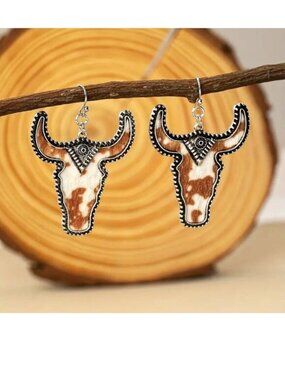 Earrings Cow Bull Steer Cowhide Hair Western Cowboy Rodeo Texas Long Horn Trendy